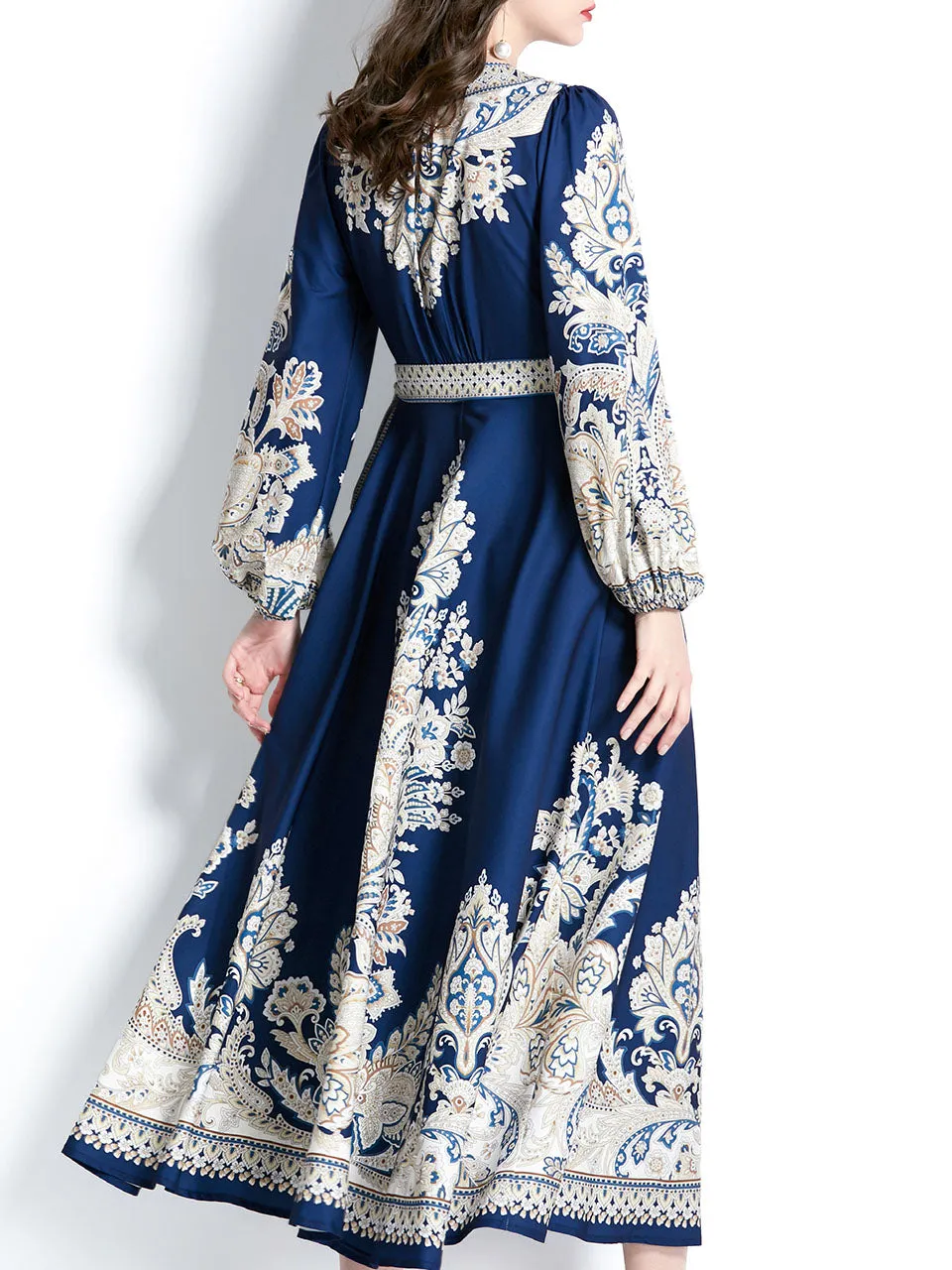 Navy V Neck Wrap Bohemian Dress Maxi Dress