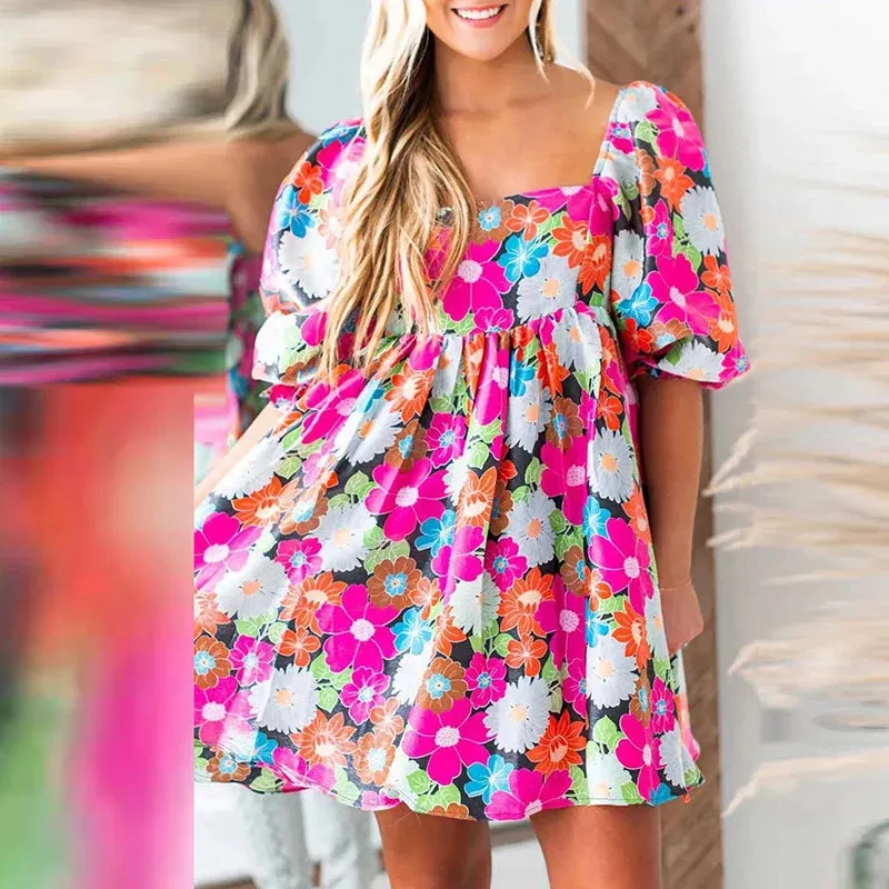 Neck Floral Print Party 2024 New Casual High Waist Pleated Mini Summer Elegant Short Sleeved Floral Square Dress