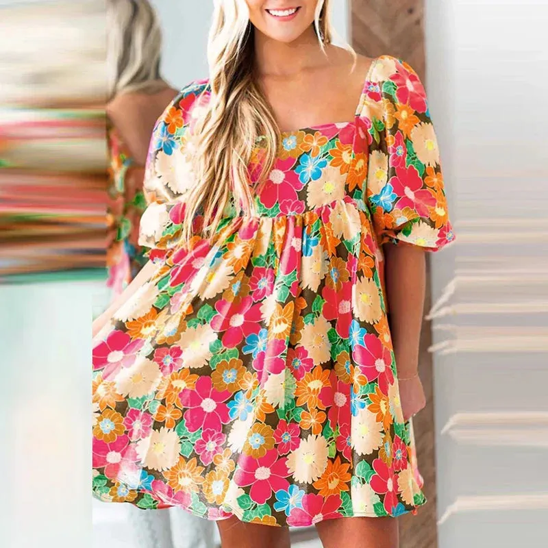 Neck Floral Print Party 2024 New Casual High Waist Pleated Mini Summer Elegant Short Sleeved Floral Square Dress