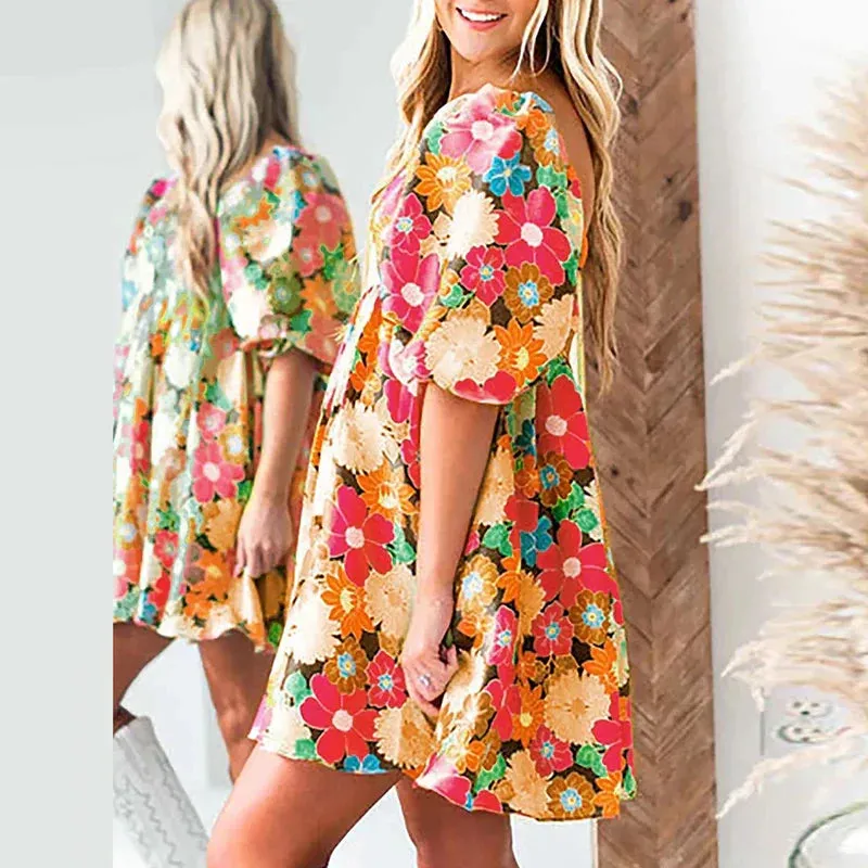 Neck Floral Print Party 2024 New Casual High Waist Pleated Mini Summer Elegant Short Sleeved Floral Square Dress