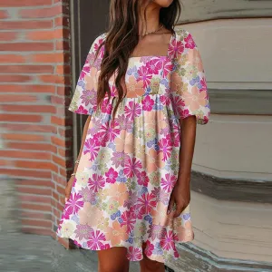 Neck Floral Print Party 2024 New Casual High Waist Pleated Mini Summer Elegant Short Sleeved Floral Square Dress