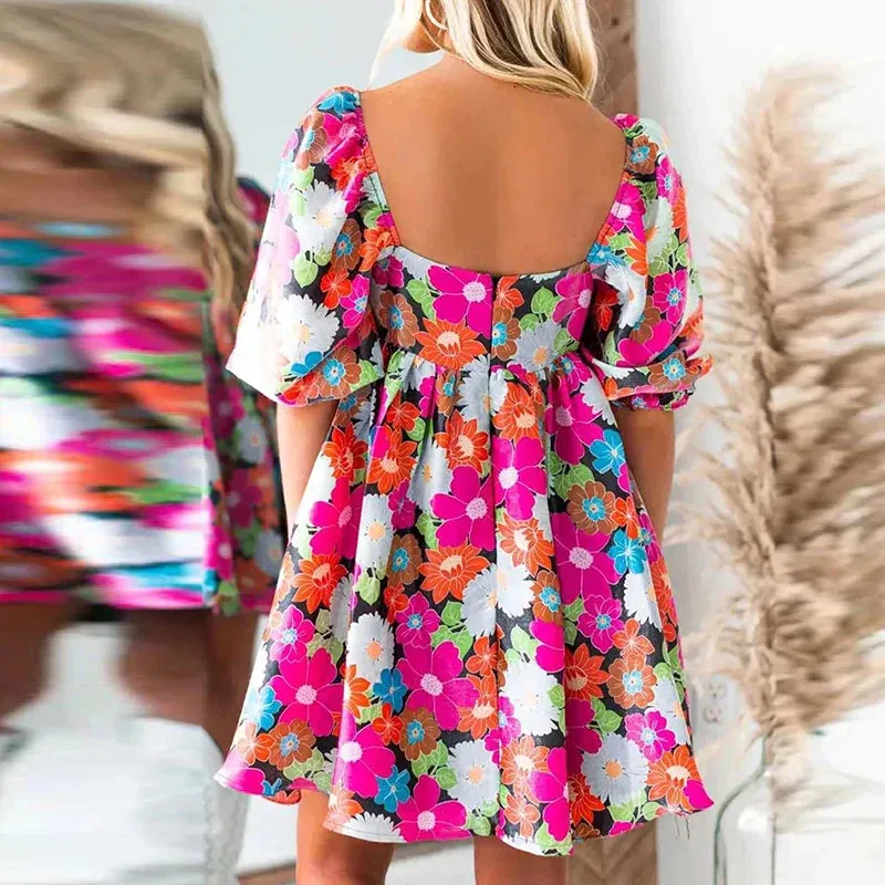 Neck Floral Print Party 2024 New Casual High Waist Pleated Mini Summer Elegant Short Sleeved Floral Square Dress