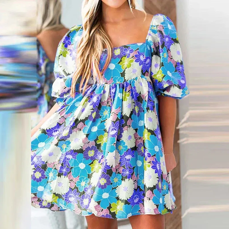 Neck Floral Print Party 2024 New Casual High Waist Pleated Mini Summer Elegant Short Sleeved Floral Square Dress