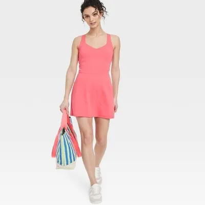 New - Women's Knit Halter Active Woven Dress - All In Motion Coral Pink XL