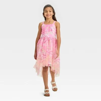 New - ZENZI Girls' High-Low Mesh Midi Dress Sleeveless Shirred Bodice