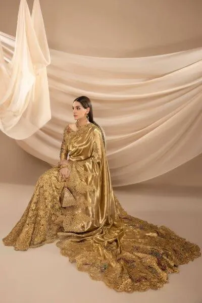 Nilofer Shahid - Golden Pure Tissue Embellished Saree with Blouse - 2 Piece