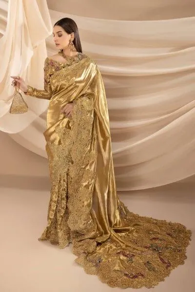 Nilofer Shahid - Golden Pure Tissue Embellished Saree with Blouse - 2 Piece