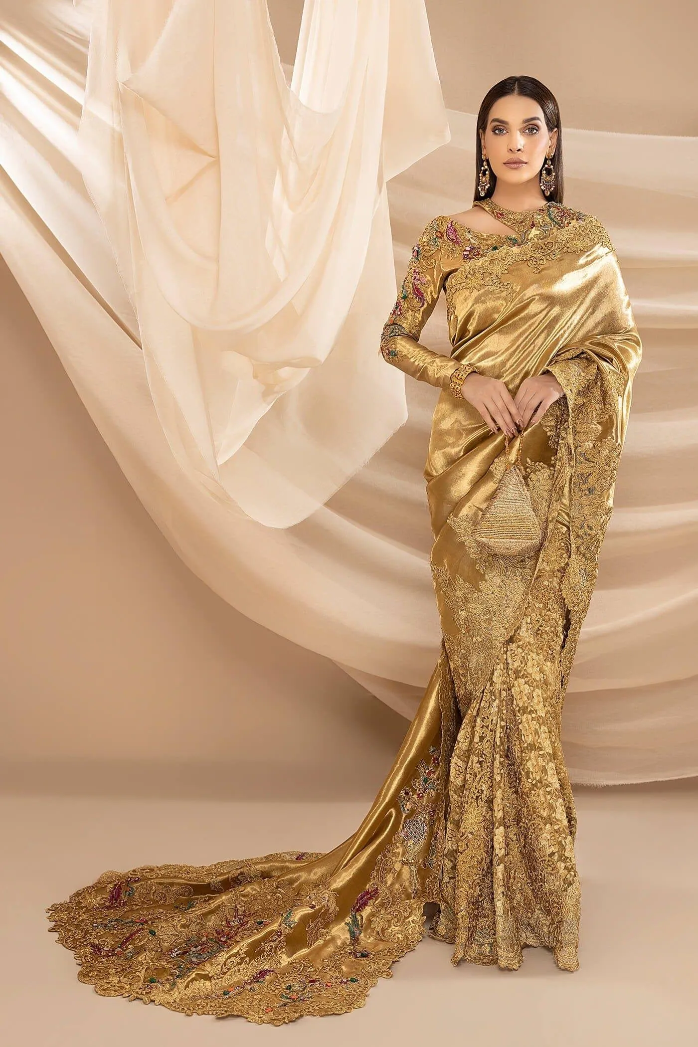 Nilofer Shahid - Golden Pure Tissue Embellished Saree with Blouse - 2 Piece