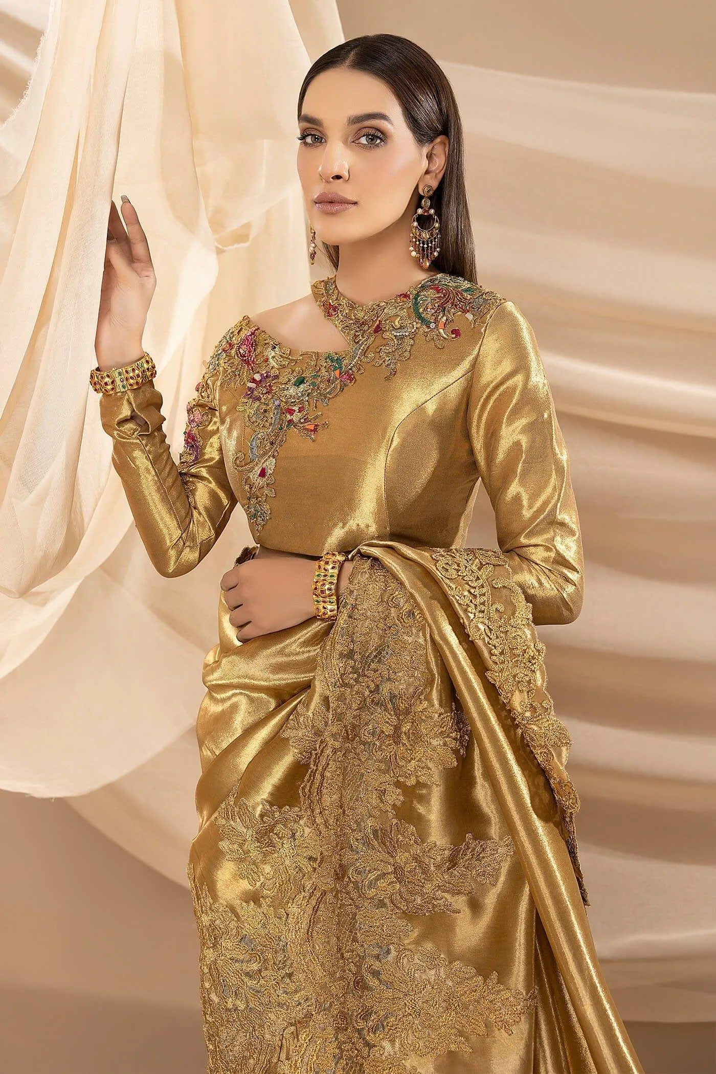 Nilofer Shahid - Golden Pure Tissue Embellished Saree with Blouse - 2 Piece