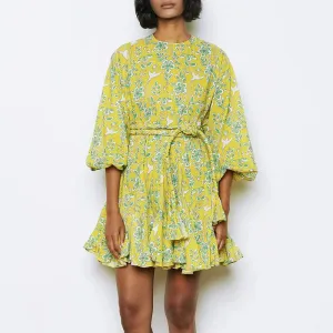 O-neck Floral Print High Waist Vintage Lantern Sleeve Tie Up Casual 's Pleated Short Summer New Dress