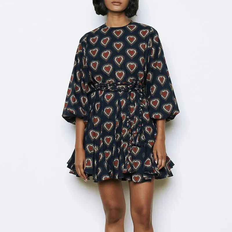 O-neck Floral Print High Waist Vintage Lantern Sleeve Tie Up Casual 's Pleated Short Summer New Dress