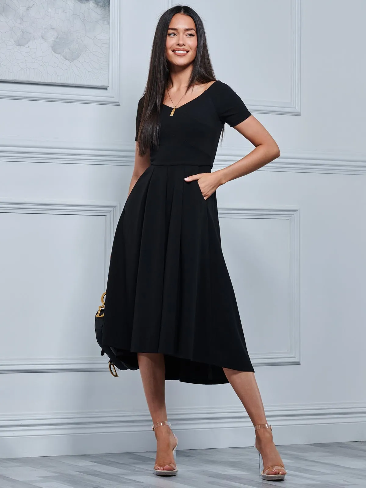 Off The Shoulder Dip Hem Dress, Black