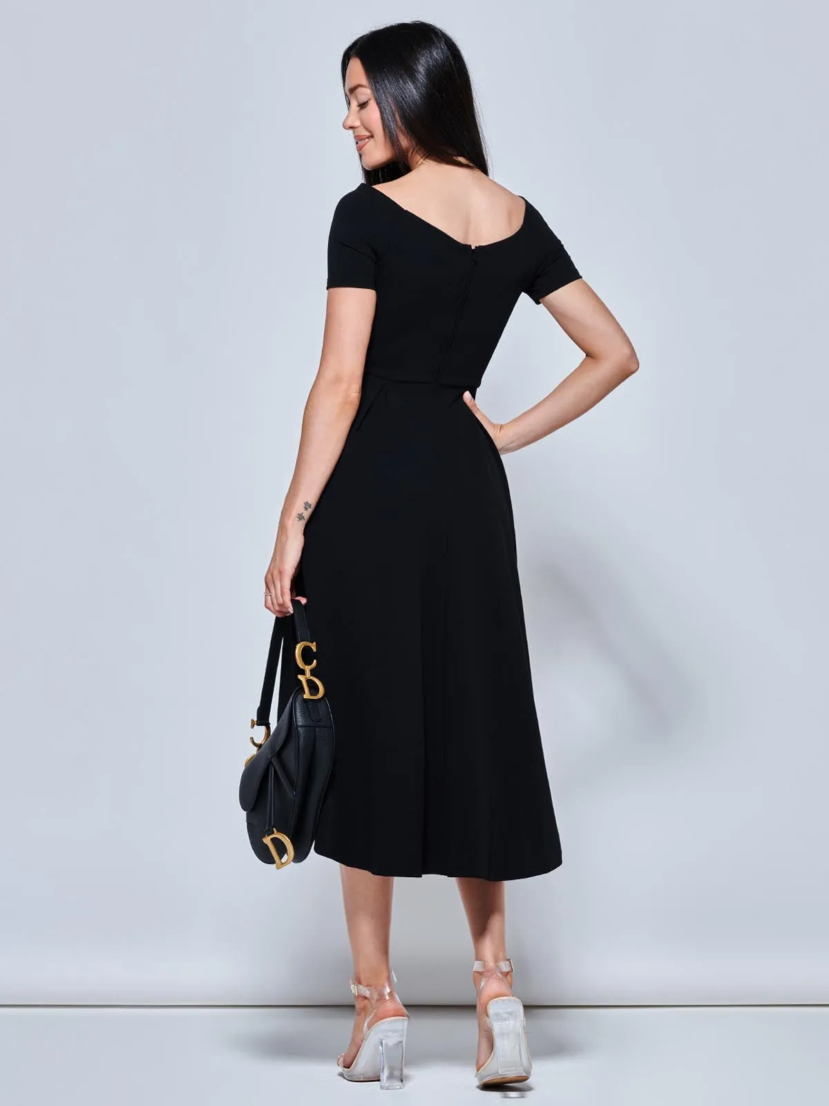 Off The Shoulder Dip Hem Dress, Black