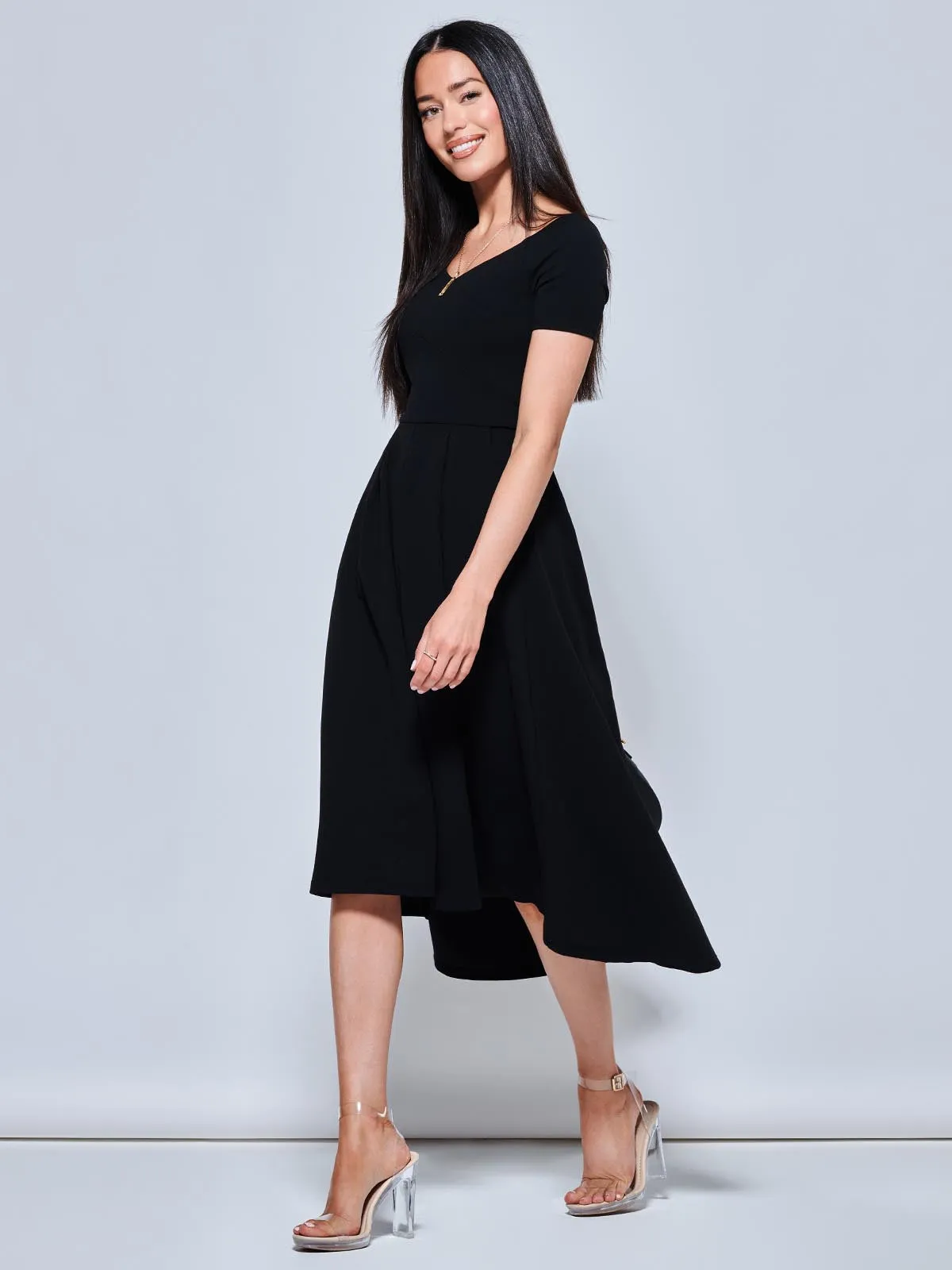 Off The Shoulder Dip Hem Dress, Black