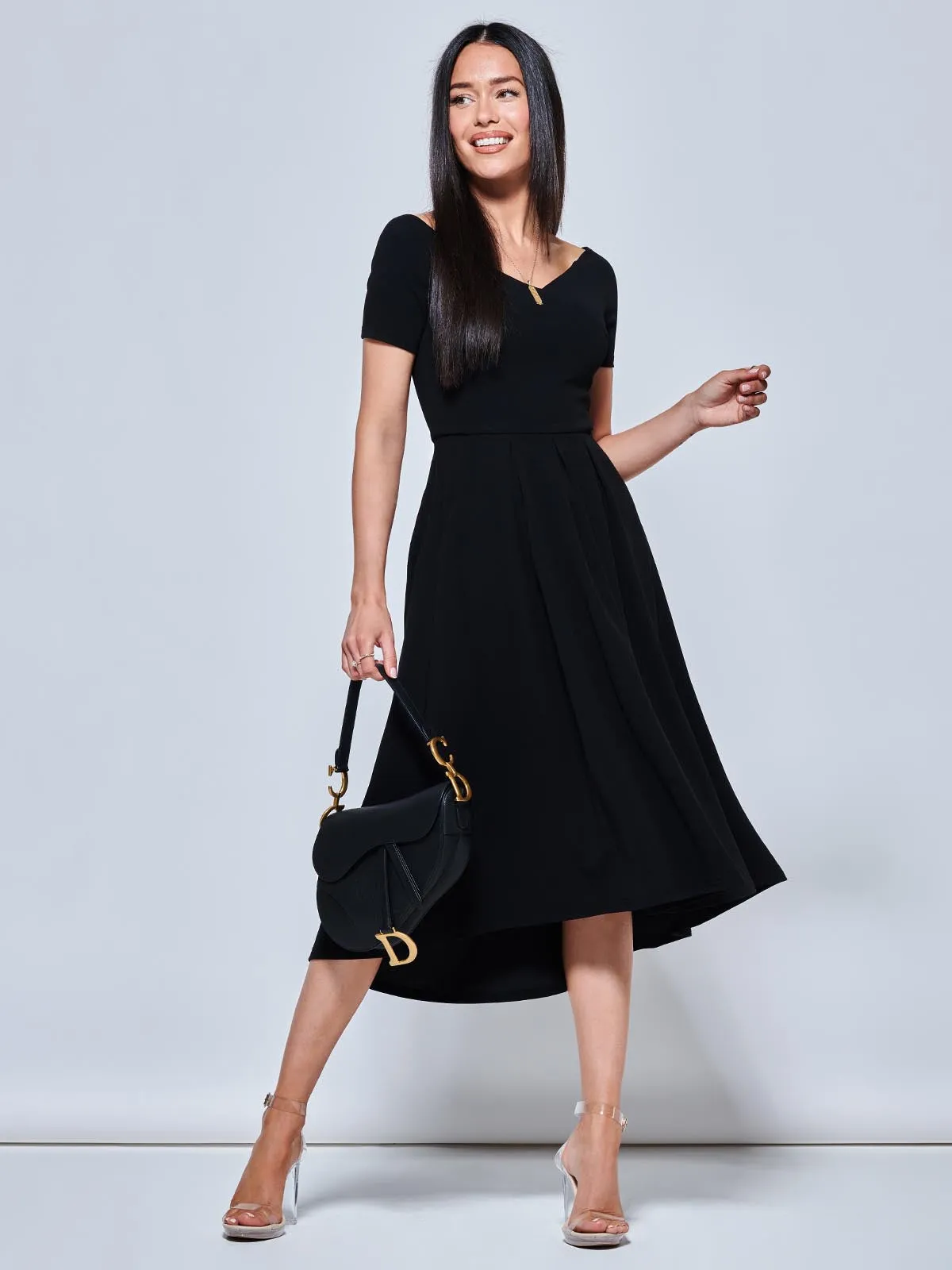 Off The Shoulder Dip Hem Dress, Black