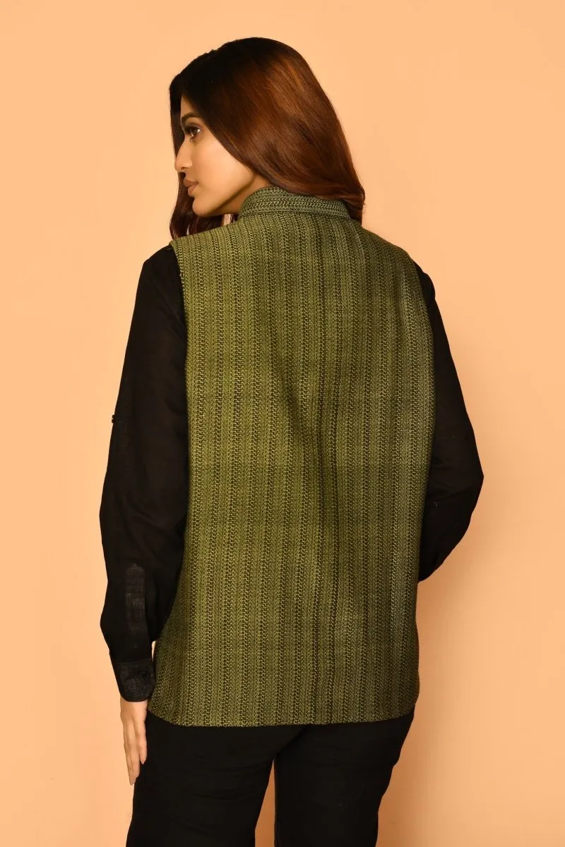 Olive Green Handloom Cotton Nehru Jacket for Women