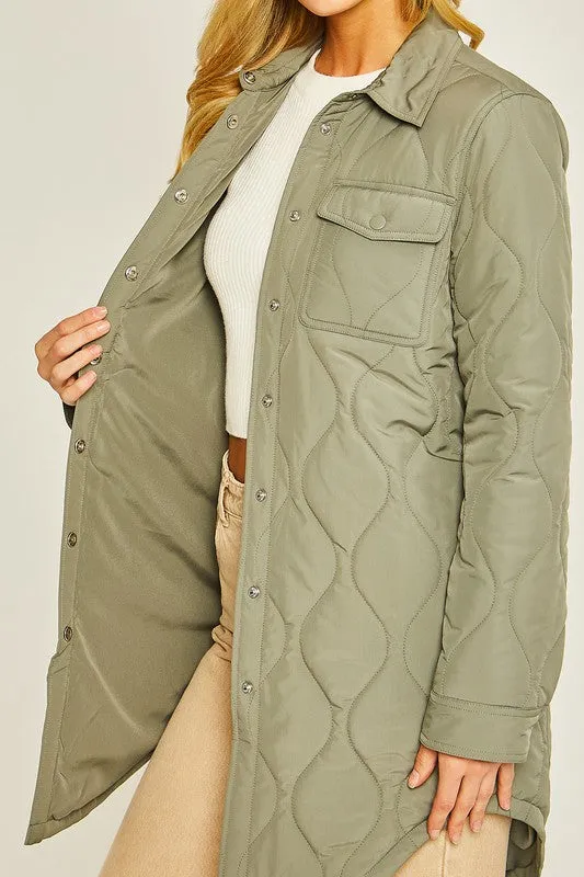 Olive Stone Diamond Quilted Long Line Shacket