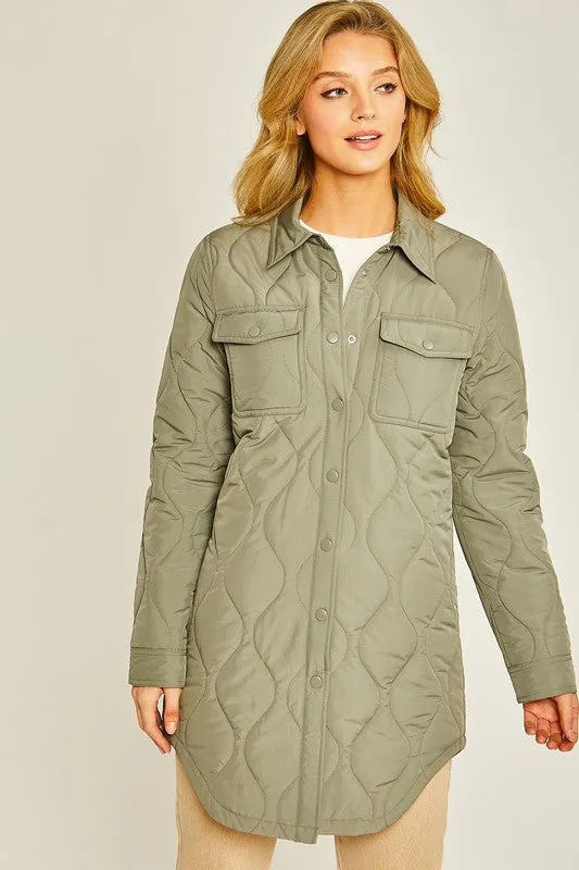 Olive Stone Diamond Quilted Long Line Shacket