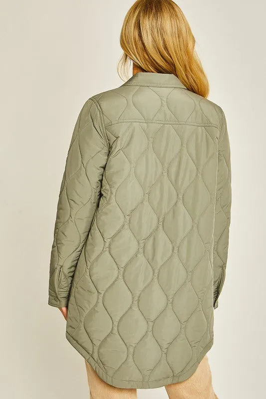 Olive Stone Diamond Quilted Long Line Shacket