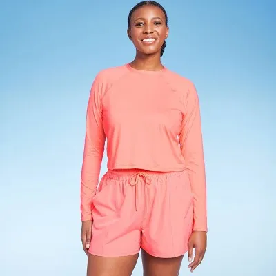 Open Box - Women's UPF 50 Cropped Crewneck Long Sleeve Rash Guard - Kona Sol Coral Pink L