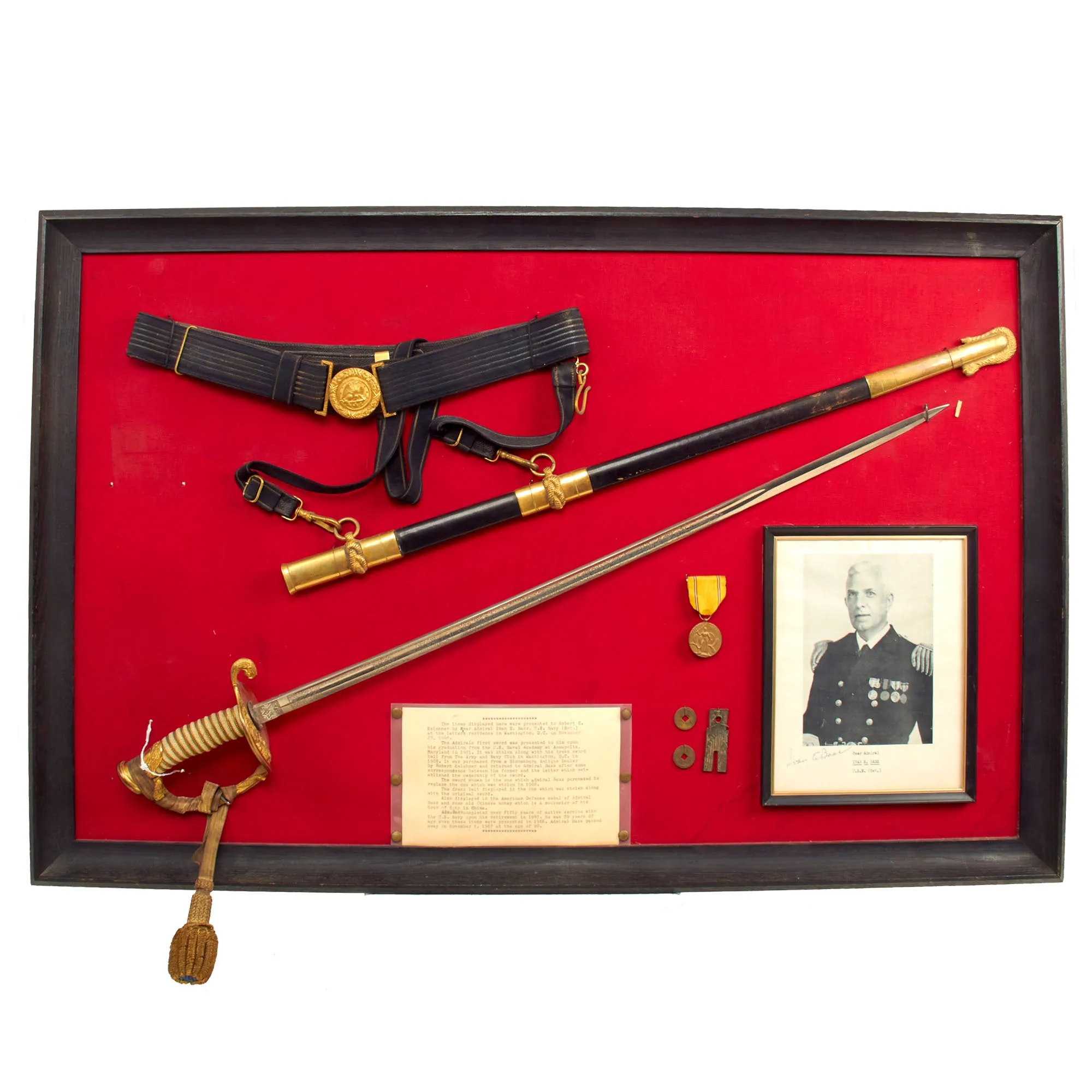 Original U.S. Navy Model 1852 Officer’s Dress Sword, Scabbard and Belt Mounted Display for Rear Admiral Ivan Bass - 38 ½” x 24”