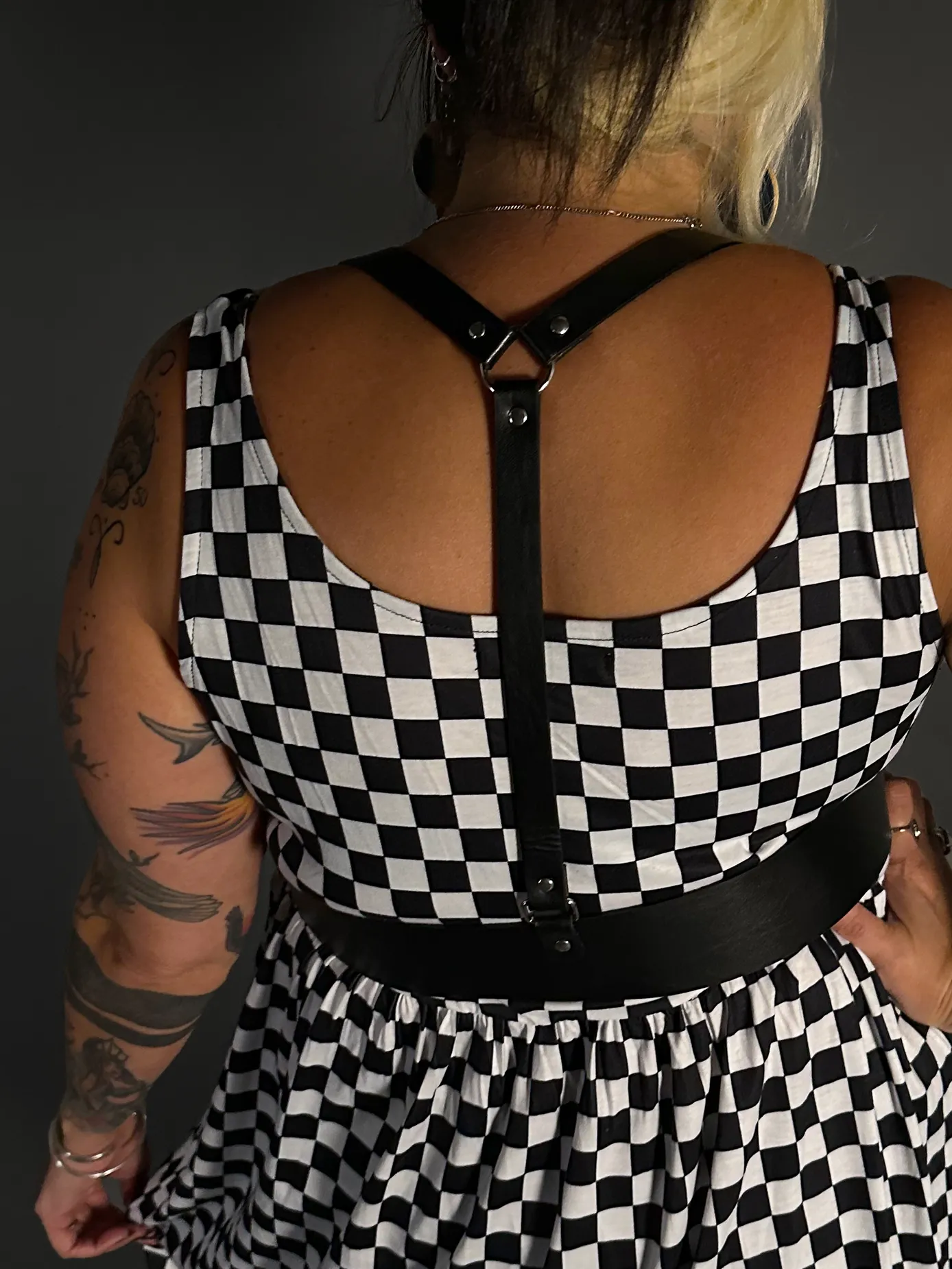 Outfit Set - Tommyrot Checkered Skater Dress & Classic Black Shoulder Harness Belt