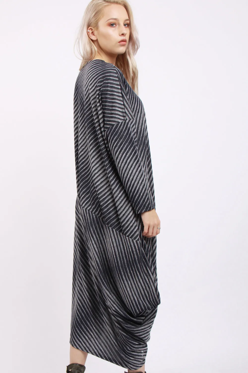 Oversized Stripe Side Slit Classic Jumper Dress in Black