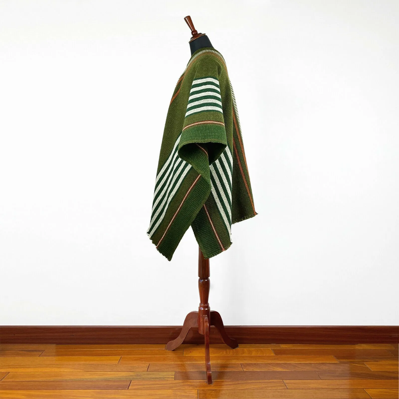 Pangui - Llama Wool Unisex South American Handwoven Thick Serape Poncho - striped - olive green