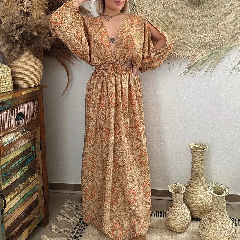 Pattern Print Slit Sleeve Bohemian Fashion Big Backless Tie-up Loose Waist Floral Vintage Dress