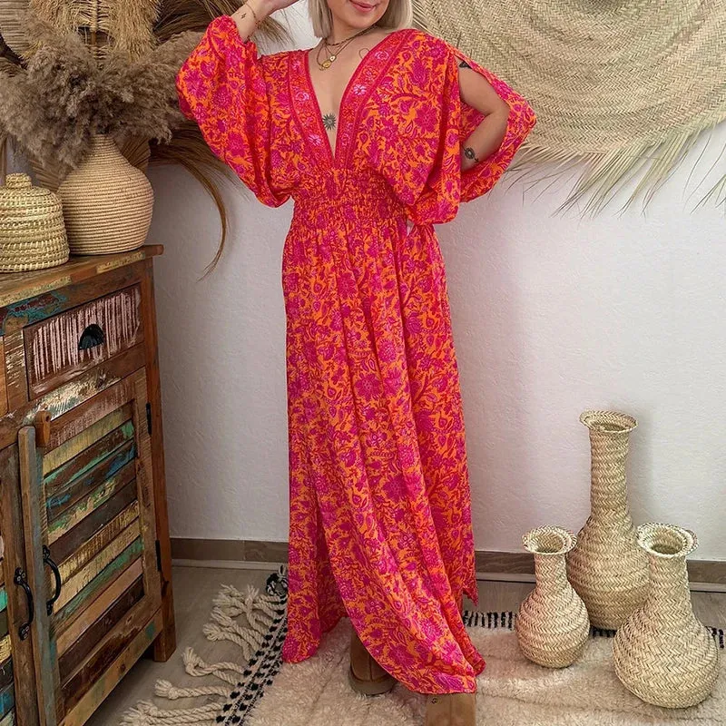 Pattern Print Slit Sleeve Bohemian Fashion Big Backless Tie-up Loose Waist Floral Vintage Dress