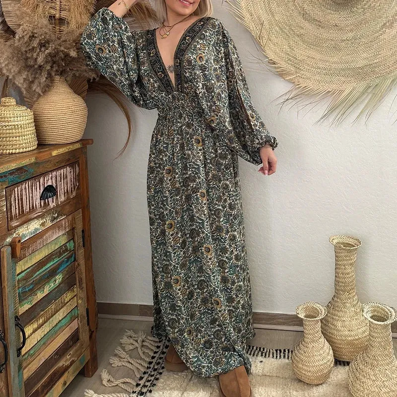 Pattern Print Slit Sleeve Bohemian Fashion Big Backless Tie-up Loose Waist Floral Vintage Dress