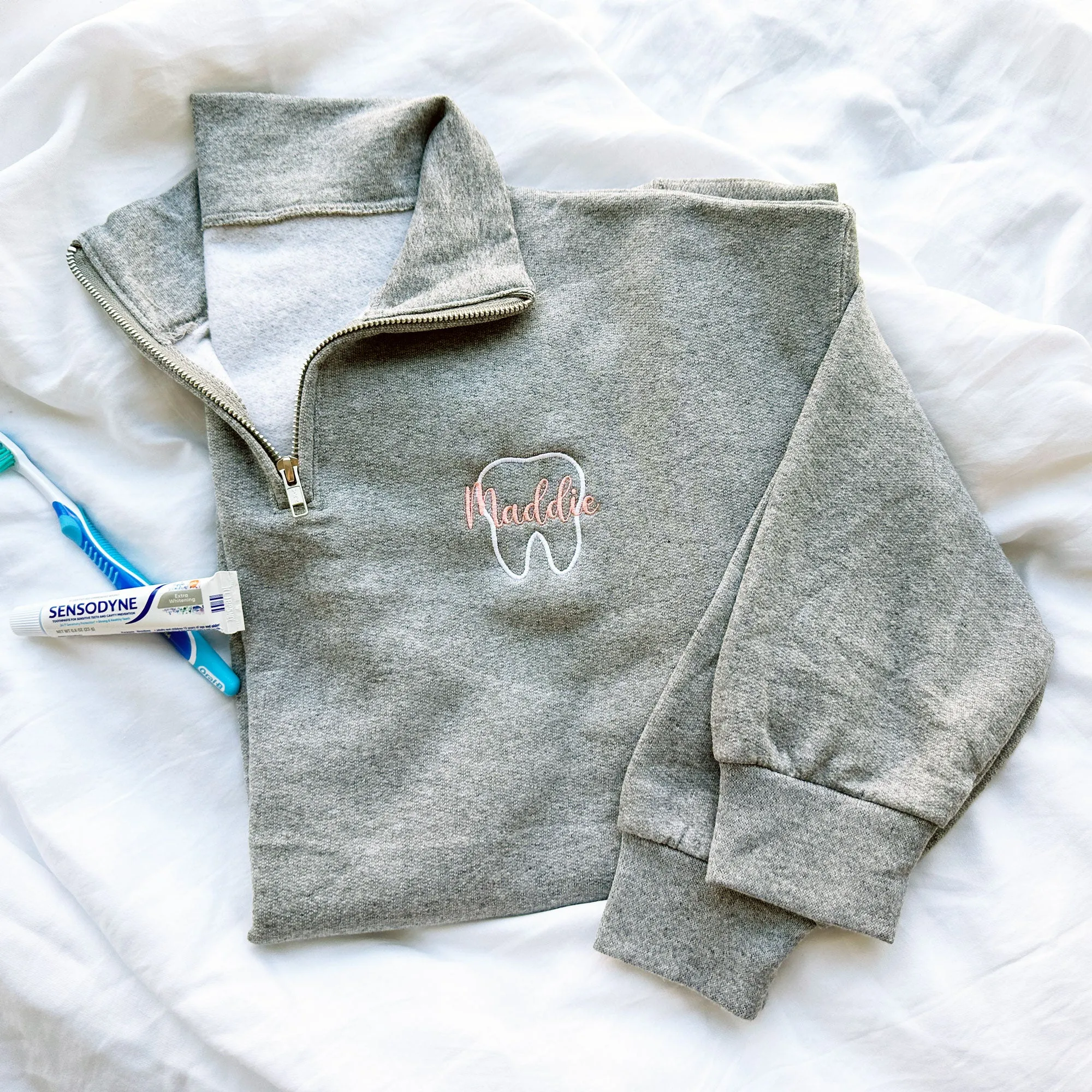 Personalized Outline Tooth Embroidered Quarter Zip Sweatshirt