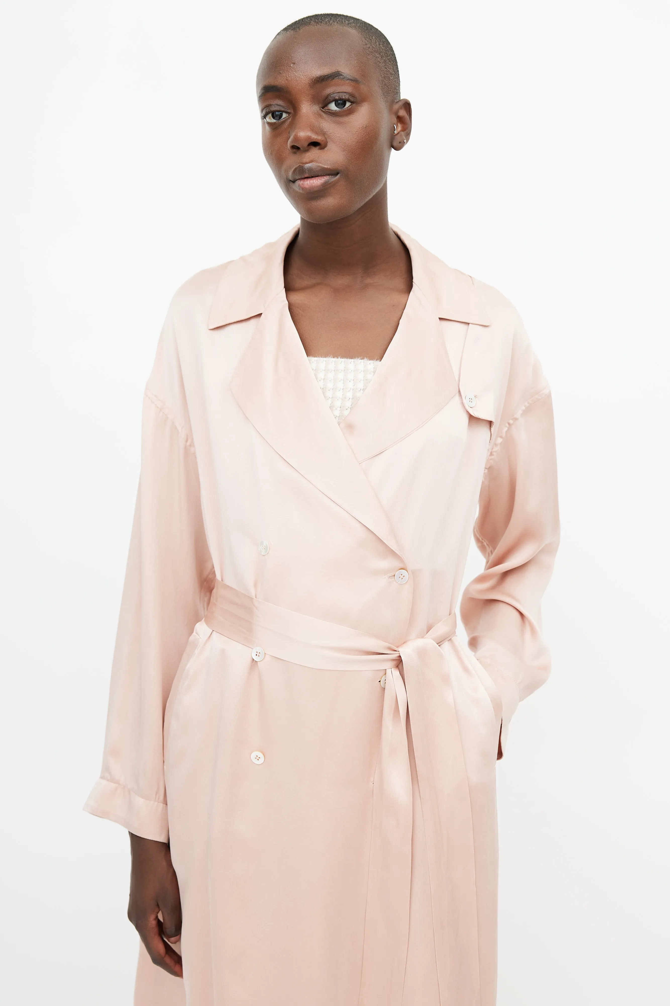 Pink Silk Double Breasted Trench Coat