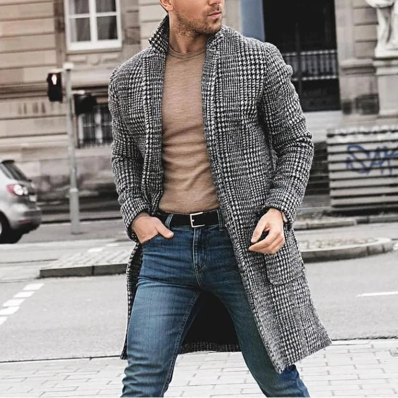 Plaid Wool Long Trench Single Breasted Coat