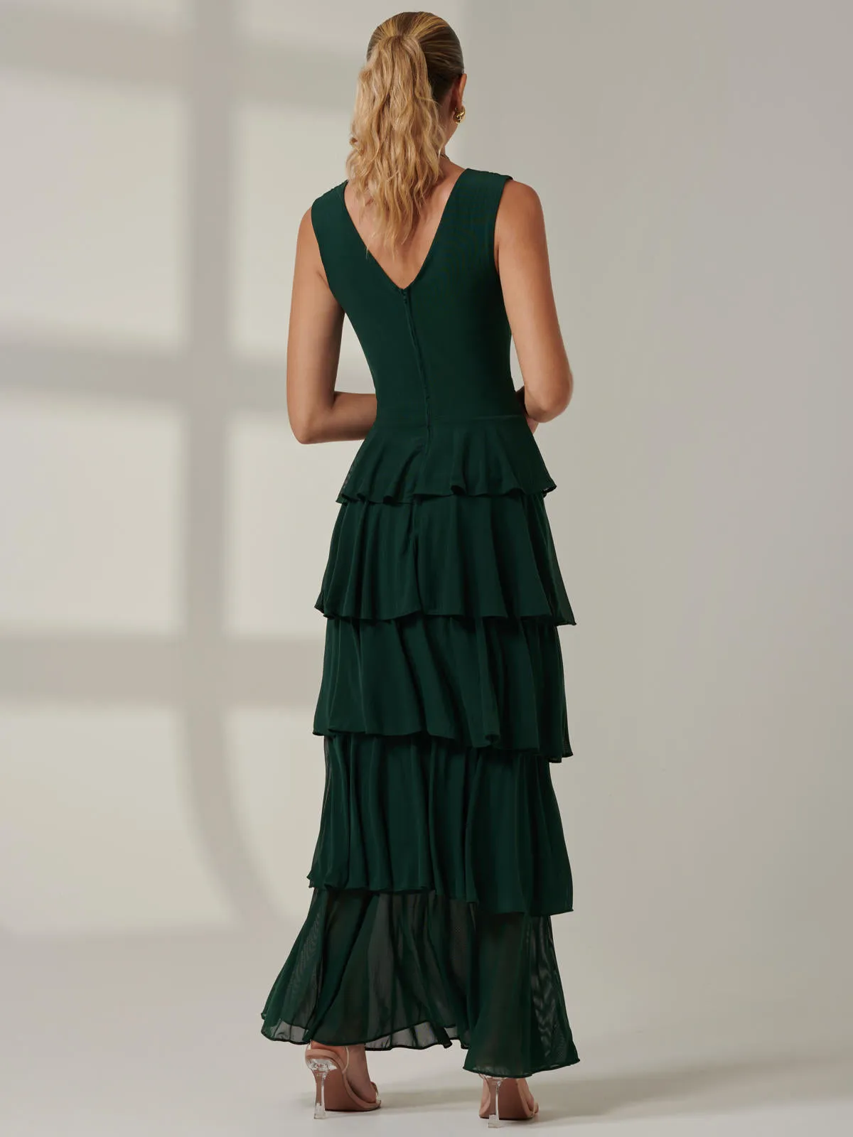 Plain Tiered Mesh Maxi Dress, Dark Green