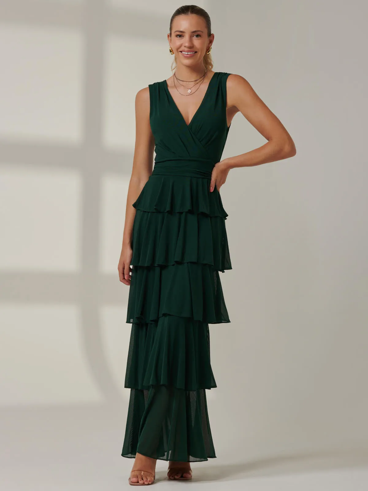 Plain Tiered Mesh Maxi Dress, Dark Green