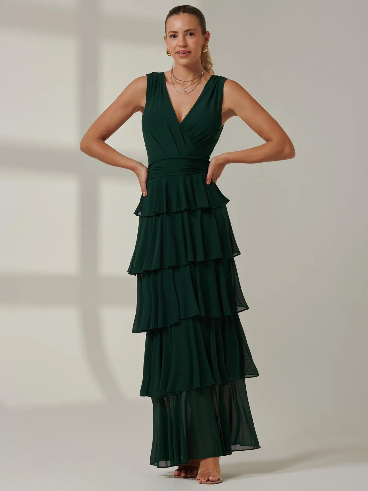 Plain Tiered Mesh Maxi Dress, Dark Green