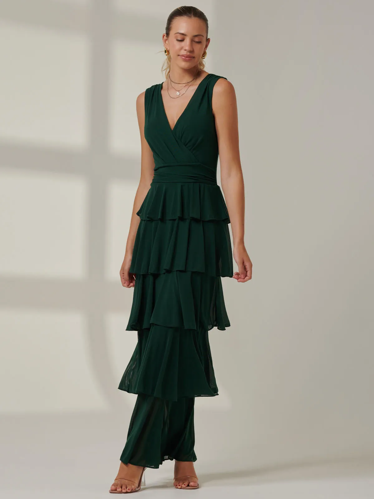 Plain Tiered Mesh Maxi Dress, Dark Green