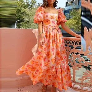 Pleat Waist Elegant Square Collar French Style Print Puff Sleeve Bohe Floral Summer Dress