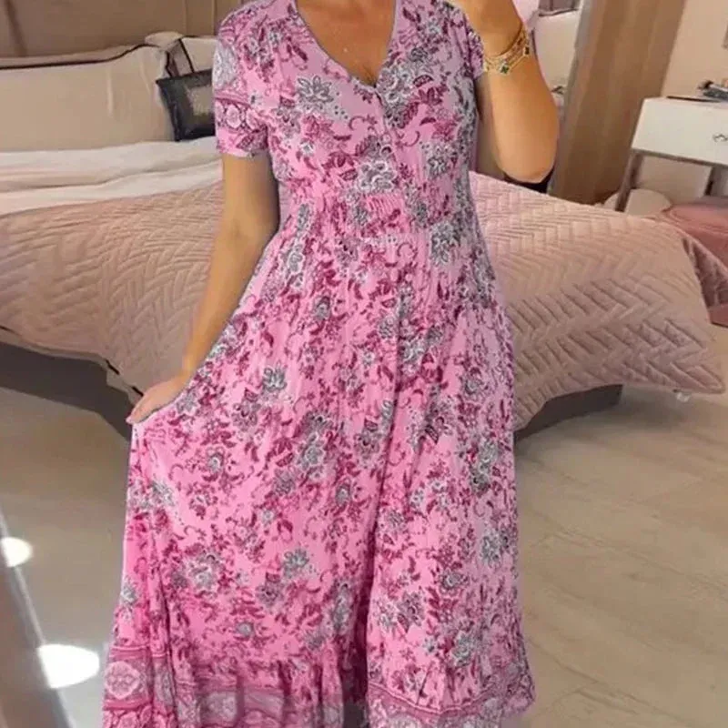 Pleated Bohemian Long Fashion Floral Print Short Sleeved New 2024 V-neck Button Pleated Commuting Floral Casual Dress