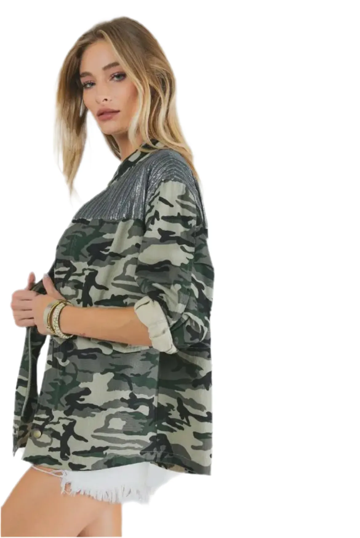 Plus Camo Sequined Long Sleeve Jacket Oversized