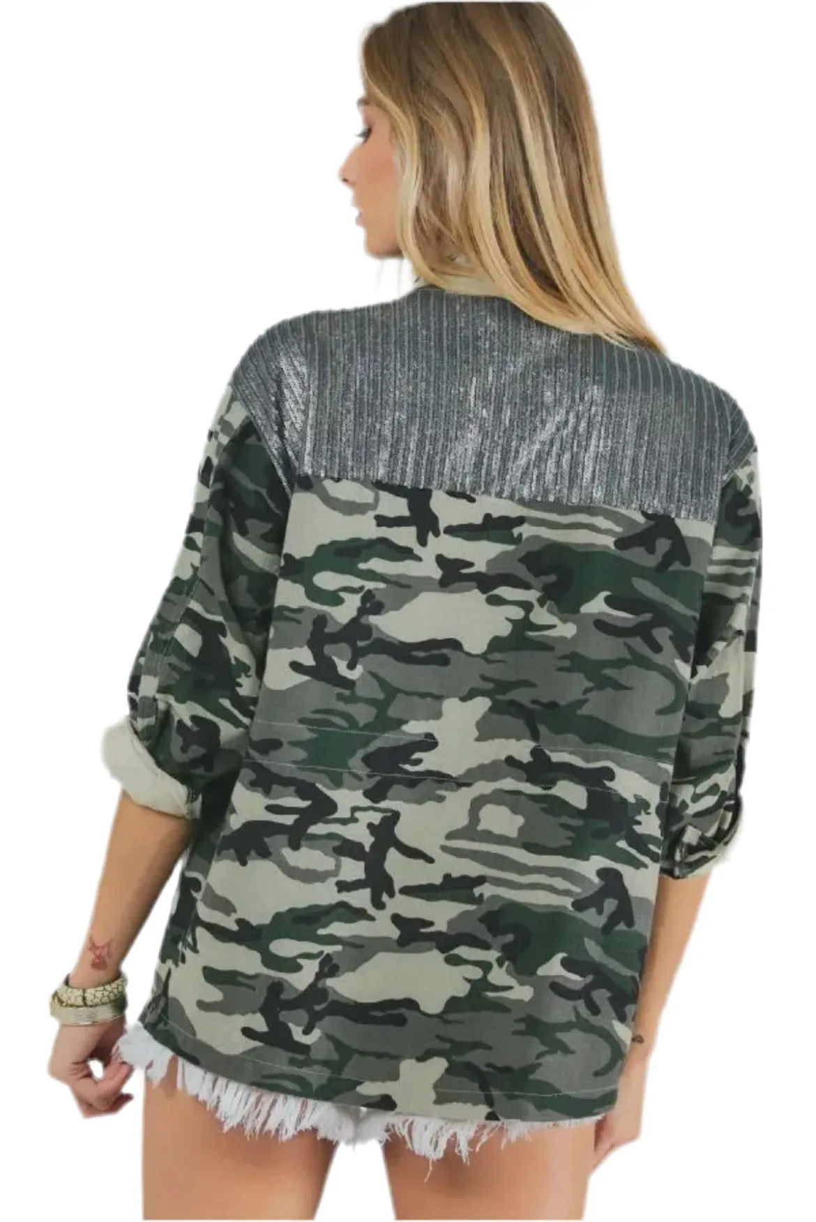 Plus Camo Sequined Long Sleeve Jacket Oversized