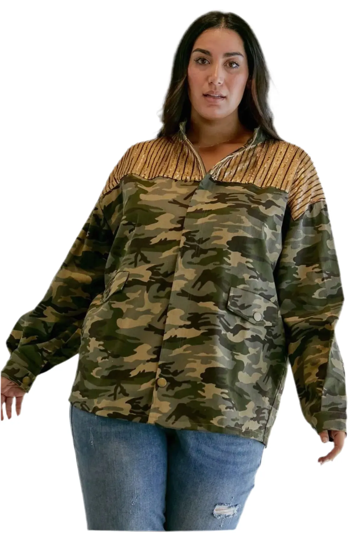 Plus Camo Sequined Long Sleeve Jacket Oversized