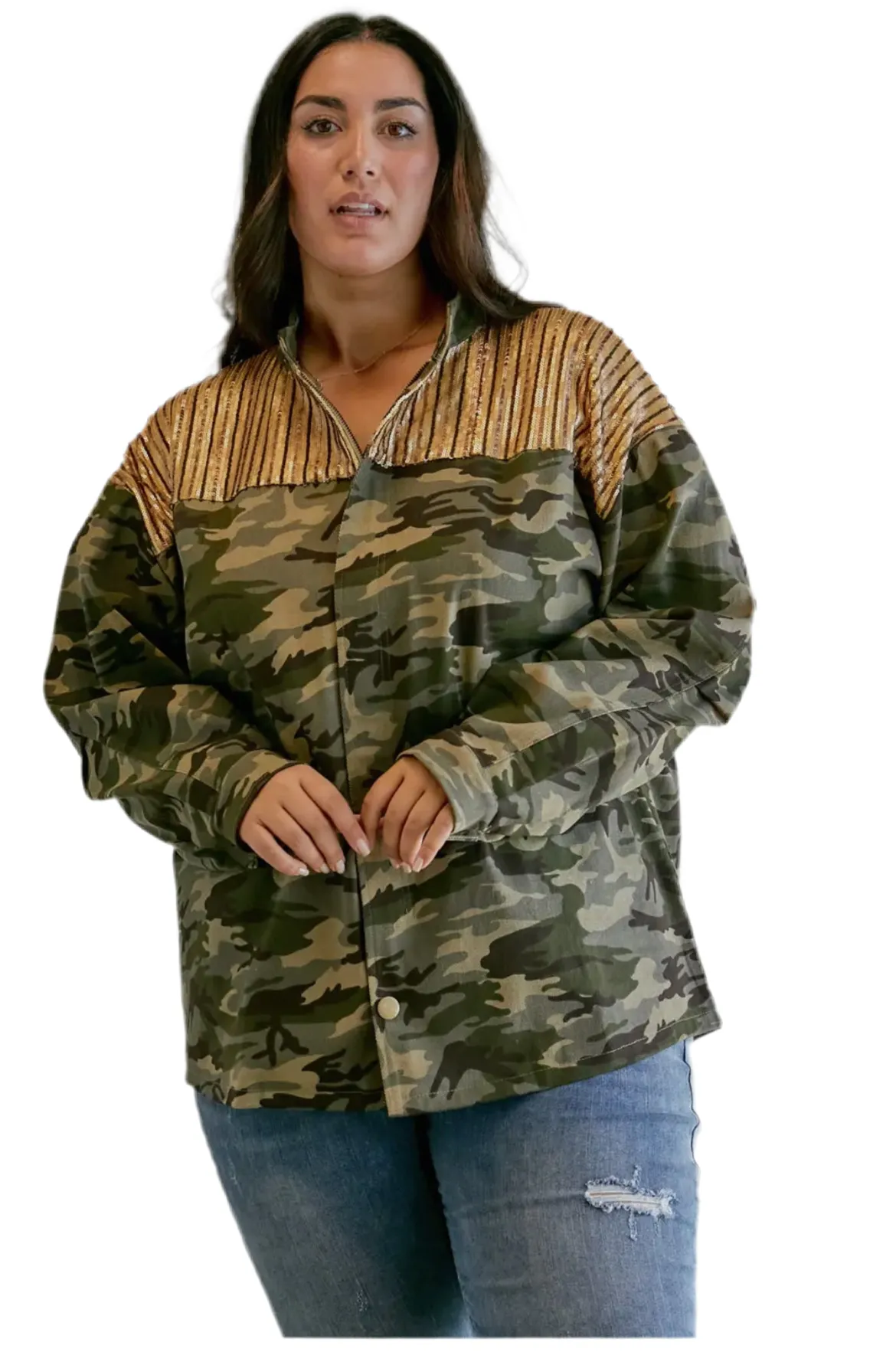 Plus Camo Sequined Long Sleeve Jacket Oversized