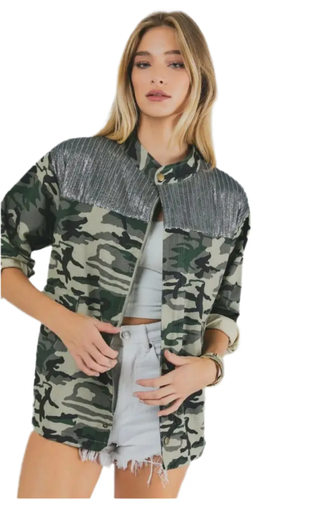 Plus Camo Sequined Long Sleeve Jacket Oversized