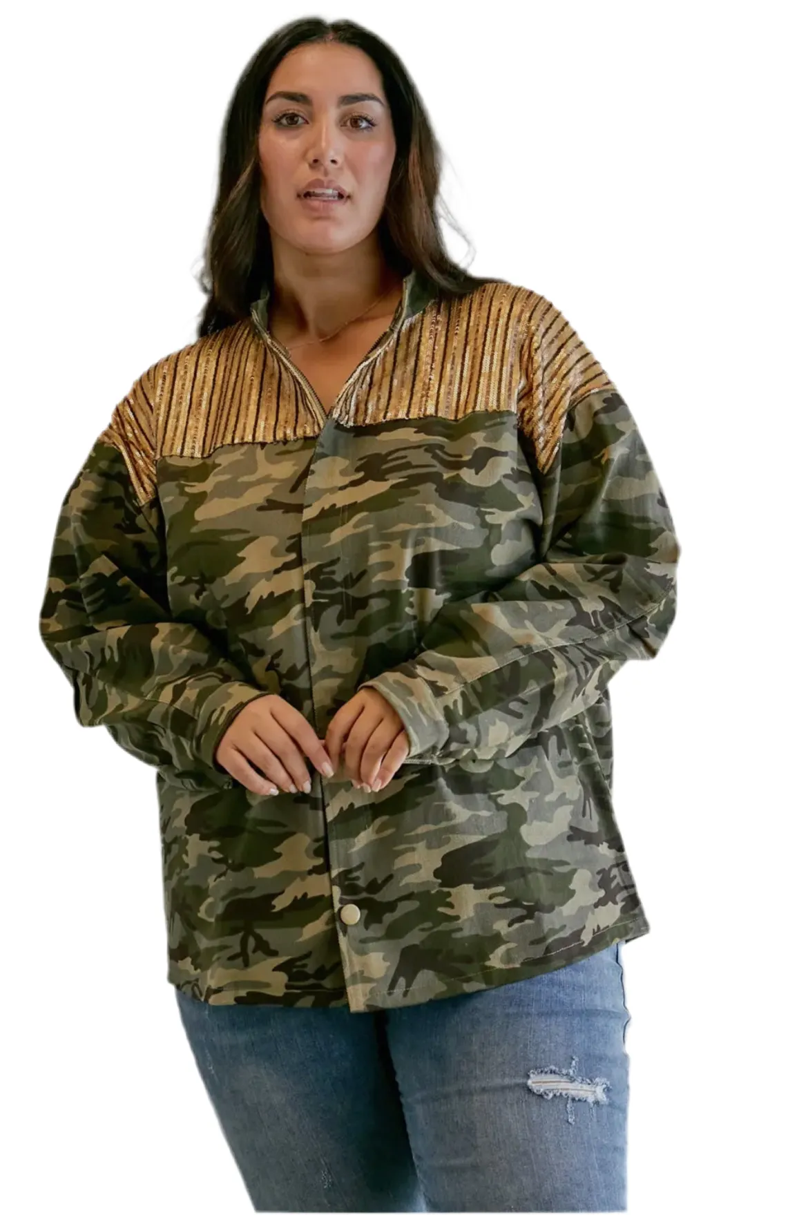 Plus Camo Sequined Long Sleeve Jacket Oversized