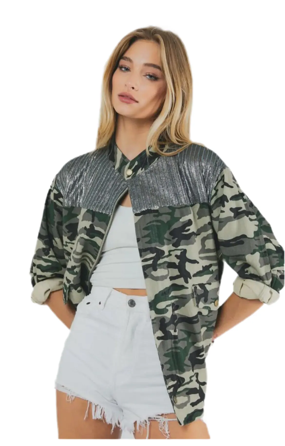 Plus Camo Sequined Long Sleeve Jacket Oversized