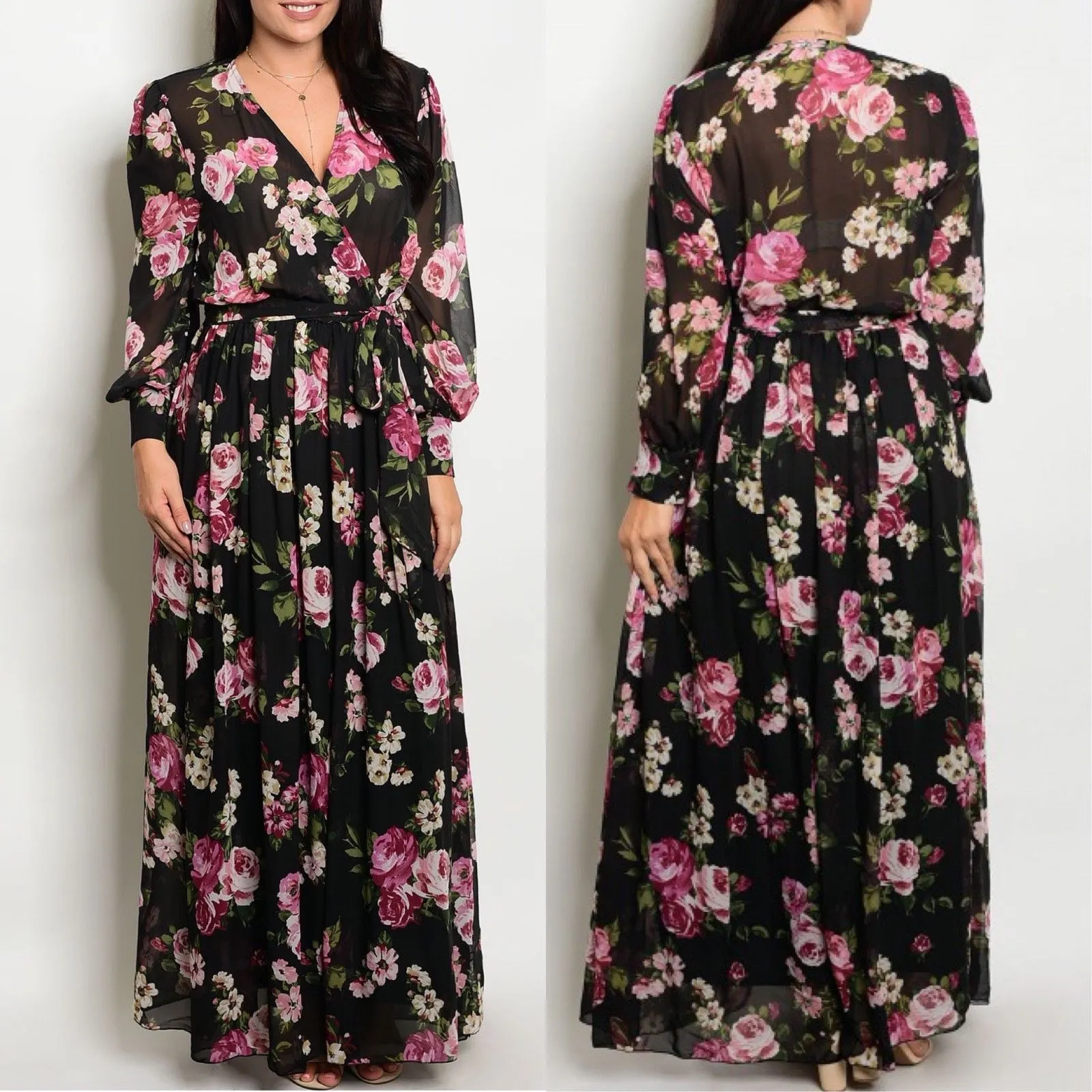 Plus Maxi Dress Floral Magenta Chiffon Sheer Wrap Print Long Sleeve Wrap Sweep