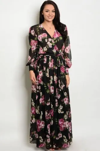 Plus Maxi Dress Floral Magenta Chiffon Sheer Wrap Print Long Sleeve Wrap Sweep