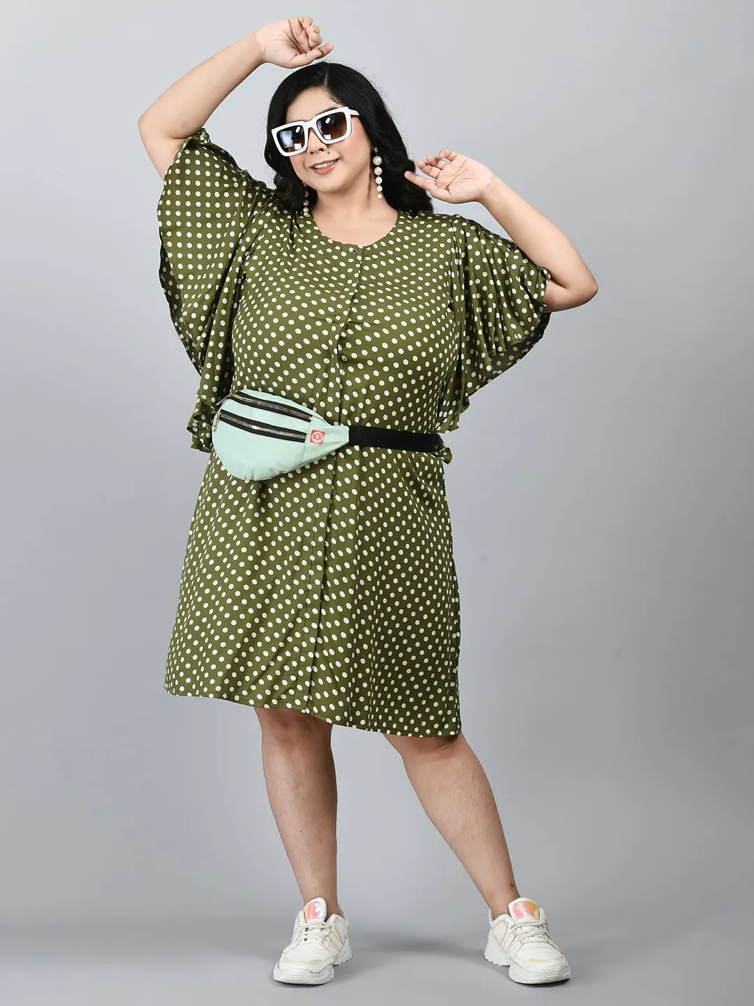 Plus Size Plus Size Green Polka Dots A-Line Dress